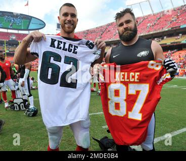 FILE – In this Feb. 8, 2018, file photo, Philadelphia Eagles center Jason  Kelce speaks at the conclusion of the NFL team's Super Bowl victory parade  in front of the Philadelphia Museum