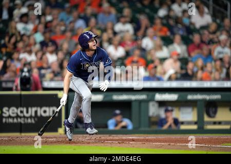 Houston Astros' Jose Siri watches his line drive triple against the Oakland  Athletics during the third inning of a baseball game in Oakland, Calif.,  Monday, May 30, 2022. (AP Photo/John Hefti Stock