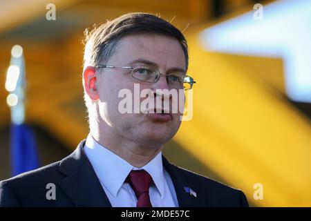 European Commission Executive Vice President Valdis Dombrovskis answers a media question after a family photo with the delegation at the end of the first day of the U.S.-EU Trade and Technology Council (TTC) meeting at the Hazelwood Green Mill 19 building, Wednesday, Sept. 29, 2021, in Pittsburgh. (AP Photo/Rebecca Droke)