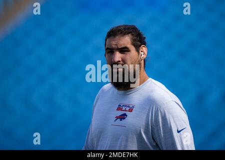 Buffalo Bills offensive guard Jon Feliciano (76) stands on the sidelines  during the second half of an NFL preseason football game against the  Minnesota Vikings in Orchard Park, N.Y., Thursday, Aug. 29