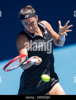 Melbourne, Australia. 23rd Jan, 2023. 4th seed CAROLINE GARCIA of France in action against MAGDA LINETTE of Poland on Rod Laver Arena in a Women's Singles 4th round match on day 8 of the 2023 Australian Open in Melbourne, Australia. Sydney Low/Cal Sport Media/Alamy Live News Stock Photo