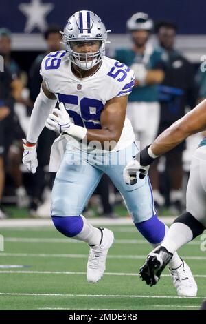 Dallas Cowboys defensive end Chauncey Golston (59) walks off the field  after the playing the Philadelphia Eagles in an NFL football game in  Arlington, Texas, Monday, Sept. 27, 2021. (AP Photo/Ron Jenkins