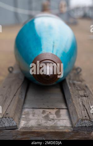 A MK 125 warhead dummy round is displayed as part of the USS Iowa’s museum at the Port of Los Angeles, San Pedro, California, July 22, 2022. The USS Iowa began service during World War II and was used periodically until 1989 when it was decommissioned after the Cold War. Since 2011, it has been an active museum and has received multiple awards for its information and historical accuracy. Stock Photo