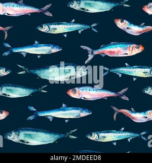 Sea fish horizontally seamless pattern watercolor isolated on blue ...