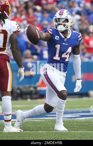 Buffalo Bills wide receiver Stefon Diggs (14) runs off the field after an  NFL football game against the Green Bay Packers, Sunday, Oct. 30, 2022, in  Orchard Park, N.Y. (AP Photo/Bryan Bennett