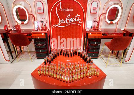 Displays are ready for customers in the Louis Vuitton section of Saks Fifth  Avenue at the American Dream mall in East Rutherford, N.J., Wednesday,  Sept. 15, 2021. (AP Photo/Seth Wenig Stock Photo 