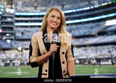 NFL Network reporter Jane Slater does a report before a Thanksgiving day NFL  football game between the New York Giants and the Dallas Cowboys on  Thursday, November 24, 2022, in Arlington, Texas. (