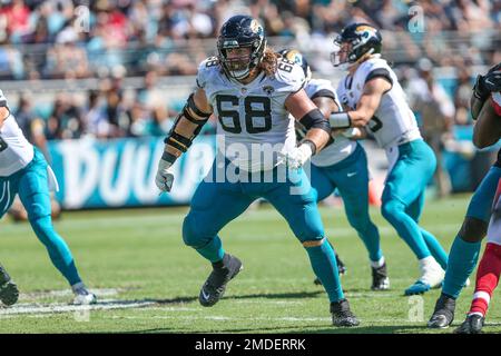 Houston, Texas, USA. 21st July, 2019. Jacksonville Jaguars guard Andrew  Norwell (68) and Houston Texans safety Justin Reid (20) exchange words  during the NFL regular season game between the Houston Texans and