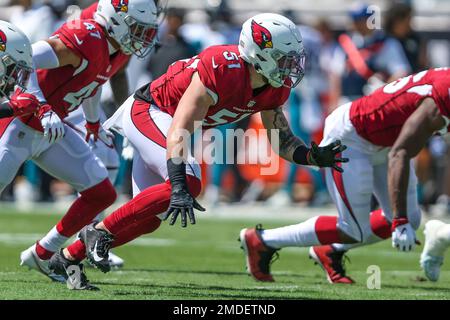 San Francisco 49ers fullback Kyle Juszczyk (44) runs against Arizona  Cardinals linebacker Tanner Vallejo (51) during the first half of an NFL  football game in Santa Clara, Calif., Sunday, Nov. 7, 2021. (