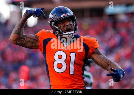 Denver Broncos wide receiver Tim Patrick (81) scores a touchdown against the  New York Giants during an NFL football game, Sunday, Sept. 12, 2021, in  East Rutherford, N.J. (AP Photo/Adam Hunger Stock