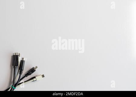 Different types of charging cables port closeup with copy space Stock Photo