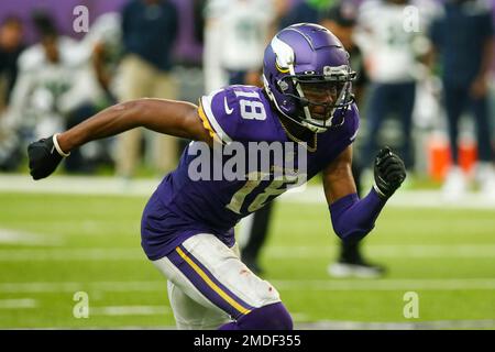 Minnesota Vikings wide receiver Justin Jefferson (18) runs on the field  before an NFL football game against the Philadelphia Eagles on Thursday,  Sept. 14, 2023, in Philadelphia. (AP Photo/Matt Rourke Stock Photo - Alamy