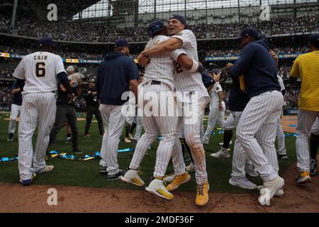 Milwaukee Brewers' Willy Adames, right, celebrates after his base hit  during the eighth inning of a baseball game against the Toronto Blue Jays,  Sunday, June 26, 2022, in Milwaukee. (AP Photo/Kenny Yoo