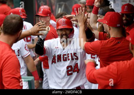 Los Angeles Angels pitcher Shohei Ohtani (17) walks to the dugout with  catcher Kurt Suzuki after ending the top of the fourth inning against the  Cleveland Indians at Angel Stadium in Anaheim