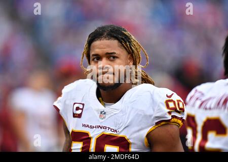 Washington Football Team defensive end Chase Young (99) reacts during the  second half of an NFL football game against the Buffalo Bills Sunday, Sept.  26, 2021, in Orchard Park, N.Y. The Bills won 43-21.(AP Photo/Adrian Kraus  Stock Photo - Alamy