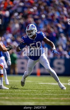 Buffalo Bills defensive end Greg Rousseau (50) rushes against the  Washington Football Team during the first quarter of an NFL football game,  Sunday, Sept. 26, 2021, in Orchard Park, N.Y. (AP Photo/Brett