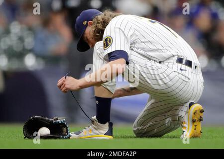 A detail shot of the cleats worn by Josh Hader of the Milwaukee