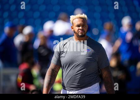 Buffalo Bills tackle Dion Dawkins (73) runs on the field during the second  half of an NFL football game against the New York Jets in Orchard Park,  N.Y., Sunday, Dec. 11, 2022. (