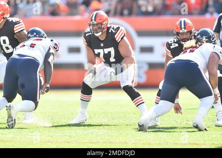 November 03, 2019: Cleveland Browns offensive guard Wyatt Teller (77) looks  to make a block in the first half of the game between Denver and Cleveland  at Empower Field in Denver, CO.