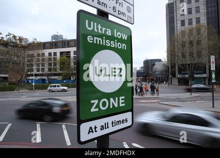 File photo dated 6/4/2019 of an information sign at Tower Hill in central London for the Ultra Low Emission Zone. Thousands of tradespeople face the prospect of huge bills following Sadiq Khan's expansion of London's ultra low emission zone (Ulez) because of a lack of compliant vans for sale, according to new analysis. Issue date: Monday January 23, 2023. Stock Photo