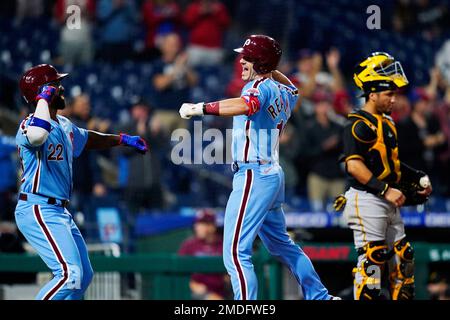 Philadelphia Phillies' Rhys Hoskins reacts after a home run during a  baseball game, Friday, Sept. 23, 2022, in Philadelphia. (AP Photo/Matt  Slocum Stock Photo - Alamy