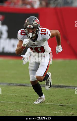 Tampa Bay Buccaneers wide receiver Scott Miller (10) runs the ball during  the second half of an NFL football game against the Atlanta Falcons,  Sunday, Dec. 20, 2020, in Atlanta. The Tampa