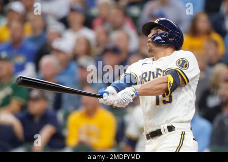 Milwaukee Brewers' Tyrone Taylor watches his three-run double off