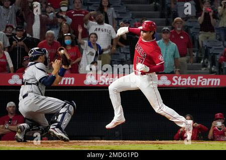 Los Angeles Angels designated hitter Shohei Ohtani wears a jersey with his  nickname SHOWTIME on the back as he bats during the Major League Baseball  game against the Houston Astros at Angel