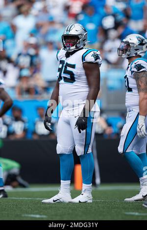 Carolina Panthers defensive tackle Derrick Brown (95) wears a Crucial Catch  t-shirt as he warms up prior to an NFL football game against the  Philadelphia Eagles, Sunday, Oct. 10, 2021, in Charlotte