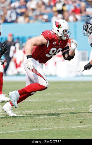 Arizona Cardinals defensive end J.J. Watt (99) in his three point stance  against the Tennessee Titans during the second half of an NFL football  game, Sunday, Sep. 12, 2021, in Nashville, Tenn. (