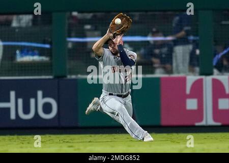 Houston Astros left fielder Chas McCormick catches a fly ball for an out  during the first inning of a baseball game against the Kansas City Royals,  Sunday, June 5, 2022 in Kansas