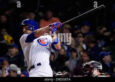 Chicago Cubs' Patrick Wisdom watches the flight of the ball during a  baseball game against the St. Louis Cardinals on Wednesday, May 10, 2023,  in Chicago. (AP Photo/Charles Rex Arbogast Stock Photo 