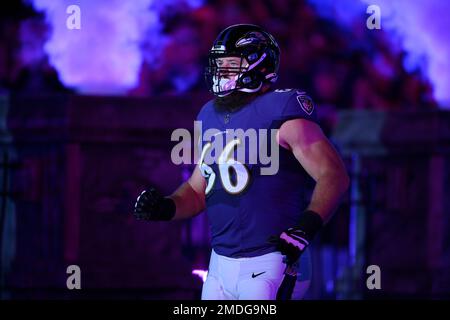 Baltimore Ravens guard Ben Cleveland (66) leaves the field on a