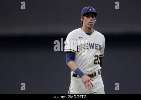 Christian Yelich of the Milwaukee Brewers warms up before a baseball