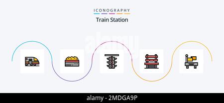 Train Station Line Filled Flat 5 Icon Pack Including flag. station. light. room. train Stock Vector