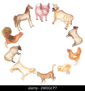 Watercolor farm animals wreath. Hand drawn objects: cute pink pig, sheep, horse, ruster, funny cow, cat, dog and hen print. Country life composition. Stock Photo