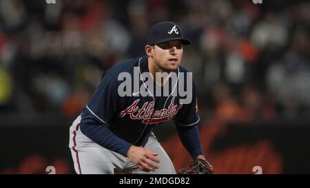 Atlanta, USA. 29th Oct, 2021. Atlanta Braves Eddie Rosario is congratulated  by Austin Riley after scoring in the 3rd inning in game three against the  Houston Astros of the MLB World Series