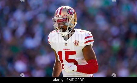 San Francisco 49ers wide receiver Jauan Jennings (15) runs onto the field  during an NFL football game against the Arizona Cardinals, Sunday, Jan.8,  2023, in Santa Clara, Calif. (AP Photo/Scot Tucker Stock