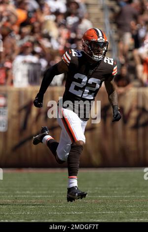 Cleveland Browns safety Grant Delpit (22) prior to an NFL football game  against the Minnesota Vikings, Sunday, Oct. 3, 2021 in Minneapolis.  Cleveland won 14-7. (AP Photo/Stacy Bengs Stock Photo - Alamy