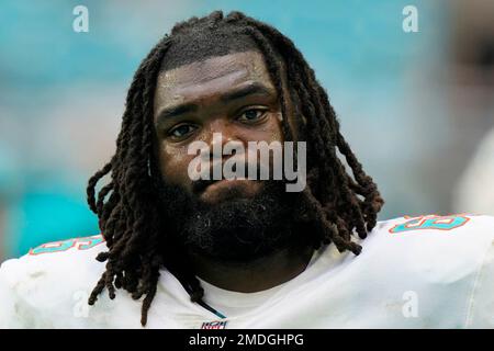 Miami Dolphins guard Solomon Kindley (66) walks on the field before an NFL  football game against the New York Jets, Sunday, Dec. 19, 2021, in Miami  Gardens, Fla. (AP Photo/Doug Murray Stock