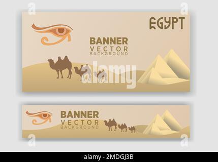 Vector abstract graphic design Egypt Banner. Vector horizontal banner template with horus eye, camels and pyramids, abstract design. Stock Vector