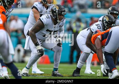 Jacksonville Jaguars offensive tackle Jawaan Taylor (75) eyes a