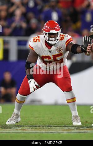 Kansas City Chiefs guard Trey Smith (65) gets set on the line during an NFL  football game against theTennessee Titans Sunday, Nov. 6, 2022, in Kansas  City, Mo. (AP Photo/Peter Aiken Stock