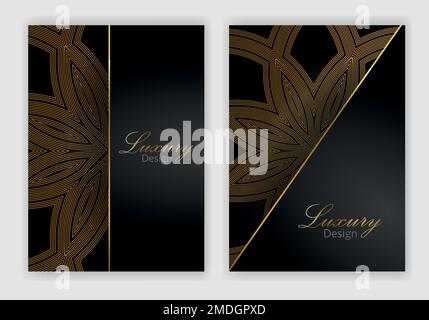 Modern cover design set. Luxury black, gold background with abstract pattern. Premium vector template for menu, invite, brochure template, lux flyer Stock Vector