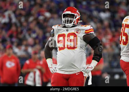 Kansas City Chiefs defensive tackle Khalen Saunders comes onto the field  during introductions before playing the Cincinnati Bengals in the NFL AFC  Championship playoff football game, Sunday, Jan. 29, 2023 in Kansas