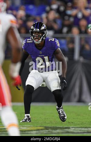 Baltimore Ravens cornerback Brandon Stephens (21) stands on the field  before the start of an NFL