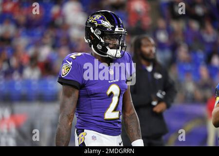 Baltimore Ravens quarterback Tyler Huntley (2) warms up before an