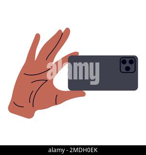 Hand of african american man holding mobile phone, back view. Flat vector illustration isolated on white background Stock Vector