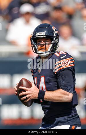 Chicago Bears quarterback Andy Dalton (14) looks to pass the ball against  the Cincinnati Bengals during the first half of an NFL football game,  Sunday, Sept. 19, 2021, in Chicago. (AP Photo/Kamil