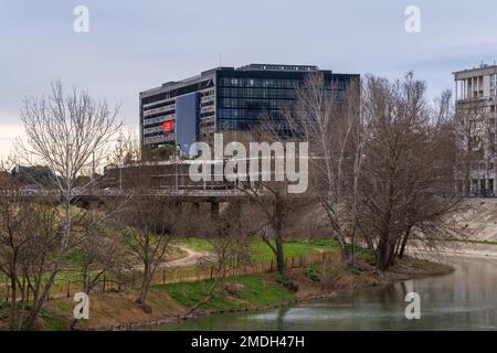 Montpellier, France - 01 19 2023 : Landscape view of City Hall or Hotel de Ville modern architecture by Jean Nouvel on the banks of Lez river Stock Photo